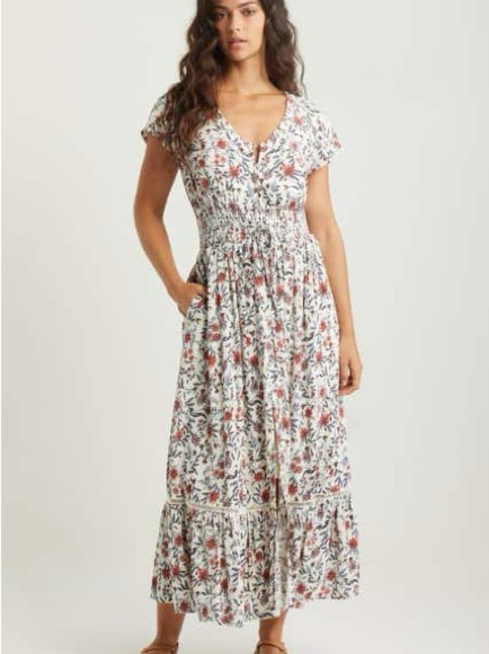 Treasure & Bond Ivory Floral Smocked Waist Maxi Dress M